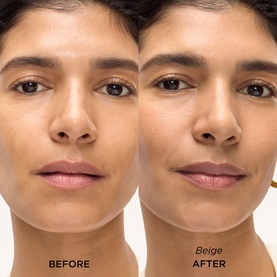 Model wearing Elizabeth Arden Flawless Finish Sponge-On Cream Makeup in Gentle Beige; before and after comparison showing coverage and finish.