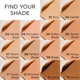 Elizabeth Arden Flawless Finish Sponge-On Cream Makeup shade guide showing 14 swatches from Ecru to Cocoa, highlighting Gentle Beige shade 06.