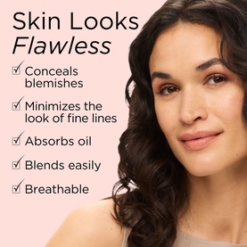 Model wearing Elizabeth Arden Flawless Finish Sponge-On Cream Makeup in Gentle Beige, shown with skin benefits text overlay.