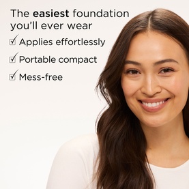 Model wearing Elizabeth Arden Flawless Finish Sponge-On Cream Makeup in Gentle Beige, shown in a promotional campaign image.