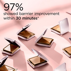 Elizabeth Arden Flawless Finish Sponge-On Cream Makeup in Gentle Beige; multiple open compacts showing gold pan and white case