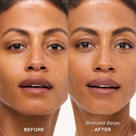 Elizabeth Arden Flawless Finish Sponge-On Cream Makeup in Gentle Beige, before and after complexion comparison on model's face.