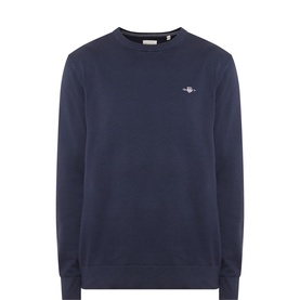 Gant Shield Logo Sweater in Evening Blue, crew neck cotton sweatshirt with small shield logo, ribbed cuffs and hemline