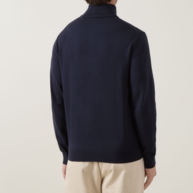 Model wearing Gant Shield Logo Half-Zip Sweatshirt in Evening Blue, rear view showing funnel neck, ribbed trims and straight hemline. Styled with