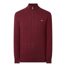Gant Half Zip cable-knit jumper in Deep Grape Wine, 100% cotton, with quarter-zip collar and embroidered logo