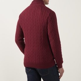 Model wearing Gant Deep Grape Wine cotton cable-knit half-zip jumper, rear view, styled with dark jeans.