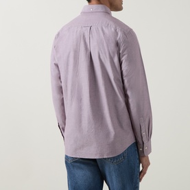Model wearing Gant Reg Shirt in deep grape wine, fine stripe cotton, shown from behind, styled with blue jeans