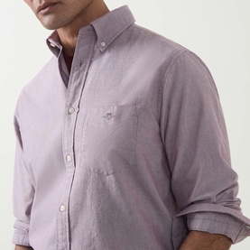 Model wearing Gant Reg Shirt in deep grape wine, 100% cotton with button-down collar, long sleeves and chest pocket.