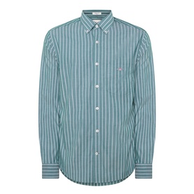 Gant Reg Shirt in dark emerald with white vertical stripes, button-down collar, chest pocket, and long sleeves