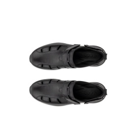 Ecco Irving Fisherman Sandals in black, full-grain leather, overhead view showing caged upper, front instep and back strap closures, lightweight sole