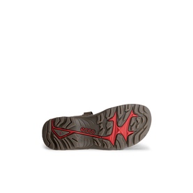 Ecco Offroad Hiking Sandals brown sole view, showing red-accented durable rubber outsole with ECCO branding and multi-directional traction pattern