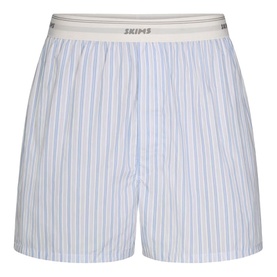 Skims Boxers 1Pk in Platinum Double Stripe, woven stripe pattern with white branded elastic waistband