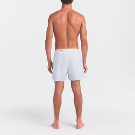 Model wearing Skims Boxers 1Pk in Platinum Double Stripe, rear view, elasticated logo waistband visible