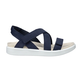 Ecco Soft Casual Sandals in blue leather with crossover elastic straps, velcro fastening, and white flatform sole