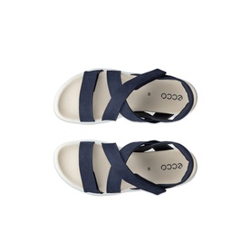 Ecco Soft Casual Sandals in blue leather, overhead flat lay showing crossover straps and white sole