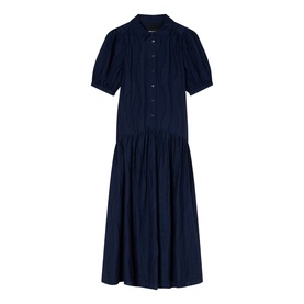 Whistles blue midi shirt dress with puff sleeves, button-front placket, and gathered drop-waist skirt
