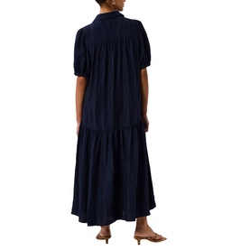 Model wearing Whistles blue midi dress with puff sleeves, button collar, and tiered skirt, shown from the back