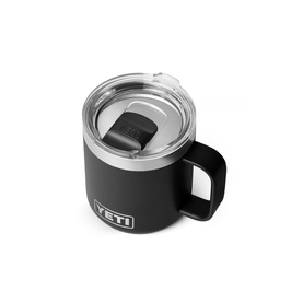 Yeti Rambler Mug 10oz in black, 18/8 stainless steel with sliding lid closure and side handle, shown at angle