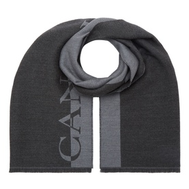 Canali charcoal wool scarf with tonal logo stripe and frayed edges, folded to show texture and design detail.