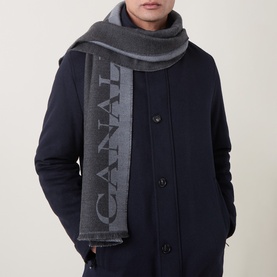 Model with Canali Logo Frayed Wool Scarf in charcoal, two-tone colourblock with woven logo lettering, styled over navy wool coat