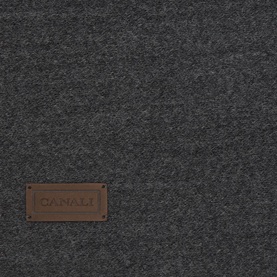 Canali charcoal wool accessory with brown leather logo patch, close-up texture detail