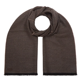 Canali beige wool scarf with textured houndstooth weave pattern and frayed edges, styled flat to show full length