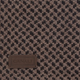 Canali beige houndstooth wool scarf with embossed leather logo patch, close-up texture detail