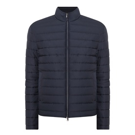 Canali navy quilted casual jacket with funnel neck, zip fastening, and horizontal baffle panels.