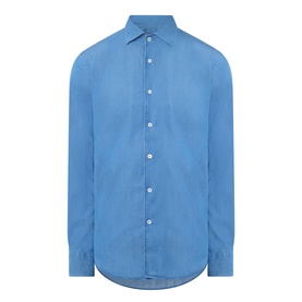 Canali light blue cotton-linen casual shirt with classic collar, button placket and long sleeves, displayed flat