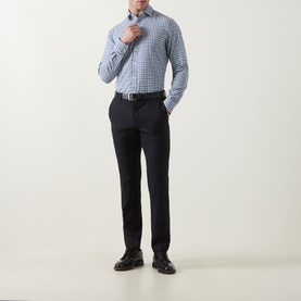Model wearing Canali Check Casual Shirt in navy, styled with dark trousers and black leather shoes.