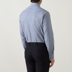 Model wearing Canali Check Casual Shirt in navy, long sleeves, button fastening, styled with dark trousers. Back view.