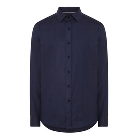 Canali Flannel Herringbone Shirt in navy, point collar, front button fastening, long sleeves, curved hem, tonal stitching