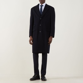 Model wearing Canali Classic Single-Breasted Overcoat in navy wool-cashmere, styled with dark trousers, white shirt and navy tie.