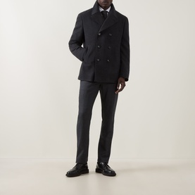Model wearing Canali Double-Breasted Peacoat in charcoal wool-cashmere, styled with grey trousers, white shirt, and black leather shoes.