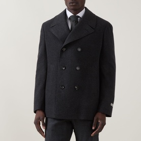 Model wearing Canali Double-Breasted Peacoat in charcoal wool-cashmere, styled with dark trousers and tie.