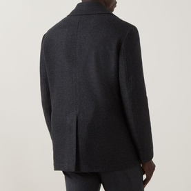 Model wearing Canali Double-Breasted Peacoat in charcoal wool-cashmere blend, rear view showing vent and clean straight hem.