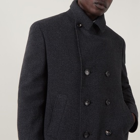 Model wearing Canali Double-Breasted Peacoat in charcoal wool-cashmere blend, showing double-breasted buttons and welt pockets