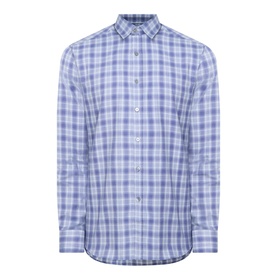 Canali blue check casual shirt in 100% cotton, button-down collar, long sleeves, curved hem