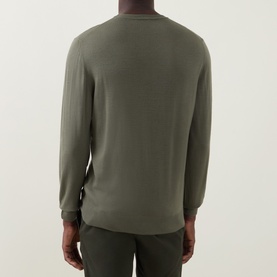 Model wearing Canali Fine-Knit Sweater in green, crew neck, long sleeves, ribbed trims, shown from the back.