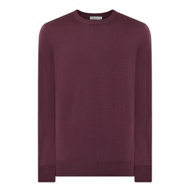 Canali Fine-Knit Sweater in burgundy wool, crew neck with ribbed cuffs, hem, and long sleeves, flat lay view