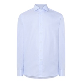 Canali Textured Double-Cuff Shirt in blue cotton, featuring cutaway collar, long sleeves, double cuffs, and front button placket
