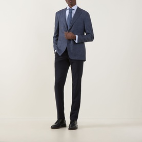 Model wearing Canali blue textured double-cuff shirt with cutaway collar, styled with navy blazer, trousers and black leather shoes.