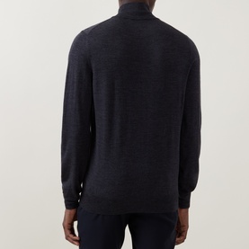 Model wearing Canali charcoal wool half zip knit, back view showing ribbed cuffs and hem.