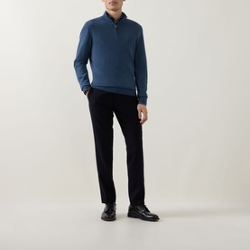 Model wearing Canali blue wool half-zip jumper with dark navy trousers and black leather shoes.