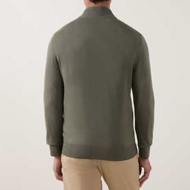 Model wearing Canali Merino Half-Zip Sweater in green, rear view, fine knit with ribbed trims and funnel neck, styled with beige trousers