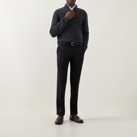 Model wearing Canali charcoal wool-cashmere half zip jumper, styled with dark tailored trousers and a white shirt collar visible at neck.