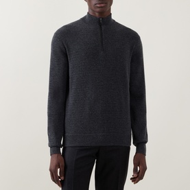 Model wearing Canali charcoal wool-cashmere half-zip knit, styled with dark trousers.