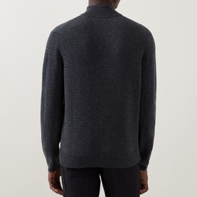 Model wearing Canali charcoal wool-cashmere half zip knit, rear view showing clean back panel and ribbed collar