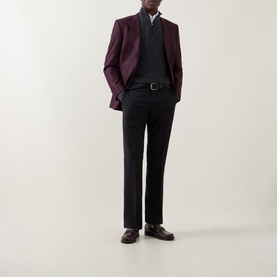 Model wearing Canali charcoal wool-cashmere half zip, styled with burgundy blazer and black tailored trousers