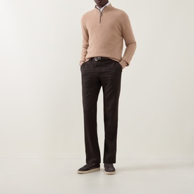 Model wearing Canali camel wool-cashmere half zip jumper, styled with dark brown trousers, leather belt, and grey suede shoes.